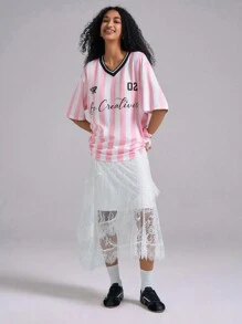 Easelle 条纹印花 V 领落肩袖女式 T 恤