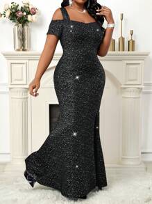 SHEIN Lady Robe longue et élégante pour le printemps et l'été, idéale pour le bureau, les fêtes, la Saint-Valentin, les cocktails, les concerts et festivals de musique. Modèle noir tricoté, fendu, dos nu, manches courtes et longues, convient aux grandes tailles. Tenues chics et élégantes pour femmes, parfaites pour l'été.