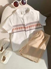 SHEIN Leap Crew 2pcs Toddler Baby Boy/Girl Casual Folk Pattern Print Linen Comfortable Short Sleeve Stand Collar Shirt & Shorts Set Suit For Outing, Holiday, School, Home, Spring/Summer - Khaki - View 5