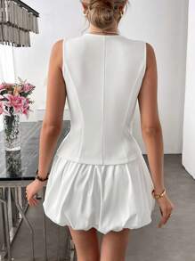 SHEIN LUNE 2pcs/Set Fashionable Open Slit White Blazer Vest Top + Pleated Floral Knee Length Skirt Set Dresses For Women Elegant Birthday Outfits For Women Date Night Outfits Women