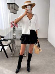 SHEIN LUNE New Fashion Elegant Lady Knit Cardigan, Hollow Out Lightweight Black & White Patchwork Old Money Style Women