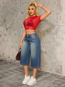 SHEIN SXY Vintage Blue Denim Cropped Wide-Leg Jeans For Women, American Streetwear Style With Cross Crystal Embellishment, Summer New Arrival