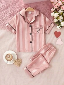 SHEIN 2 件装少女舒适心形刺绣提花条纹粉色睡衣家居服套装、长裤和短袖上衣 - 粉色 - 查看 3