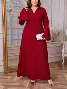 SHEIN Privé Damen Große Größen elegante Modest Kleider Tunika fließend V-Ausschnitt Rüschenärmel Schleife locker Kleid, Frühling/Herbst