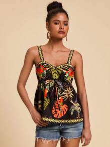SHEIN TRVLCHIC 女士度假腰带编织热带印花吊带背心 - 黑色 - 查看 3