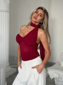 Aloruh Red Sexy Mesh One Shoulder Strap Top With Ribbon, Valentine's Day Lingerie - Red - View 2