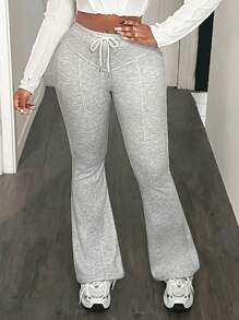 BamGleam Casual Drawstring Waist Slimming Flare Hem Sweatpants - White - View 4