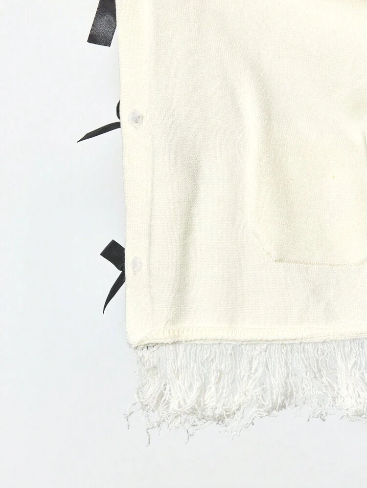 SHEIN Maija Women's Contrast Color Fuzzy Hem Bow Accent Cardigan, Comfortable Modern Elegant Loose Drop Shoulder Round Neck Front Open Long Sleeve Knitted Going Out Tops Women Concert Women Vacation Woman Cute