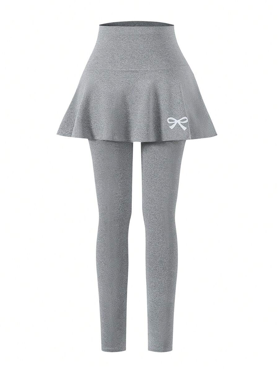 SHEIN Holiday,Summer,Travel Tween Girls' Leggings, Casual Elegant Leggings With Bow Pattern, Suitable For Spring, Autumn, Summer, Versatile - Light Grey - View 1