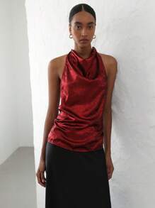 SHEIN Privé Áo cánh dự tiệc thanh lịch cho nữ, cổ tròn không tay thiết kế vai bất đối xứng, áo sơ mi thường ngày ánh kim - Đỏ - Xem 6