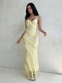 Aloruh Women's Solid Color Romantic Date Dress V-Neck Spaghetti Strap Yellow Lace Layered Ruffle Mermaid Hem Bodycon Dress, Suitable For Spring And Summer Vacation,Summer Dresses
Spring Clothes - Yellow - View 1