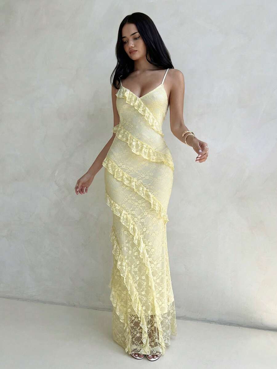 Aloruh Women's Solid Color Romantic Date Dress V-Neck Spaghetti Strap Yellow Lace Layered Ruffle Mermaid Hem Bodycon Dress, Suitable For Spring And Summer Vacation,Summer Dresses
Spring Clothes - Yellow - View 1