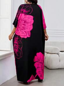 SHEIN Lady CURVE 春夏休闲优雅波西米亚风黑色编织V领直筒束腰连衣裙卡夫坦长款加大码连衣裙复活节连衣裙女士春季女装 - 玫紅色 - 查看 2