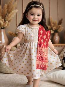 SHEIN 2 Stücke/Set Baby Mädchen Kleinkind 0-3 Jahre elegantes traditionelles Kleid mit goldfarbenen Punkten und Blumenspitzenkragen, Puffärmel + kontrastfarbener Schal Set, geeignet für alle Jahreszeiten
