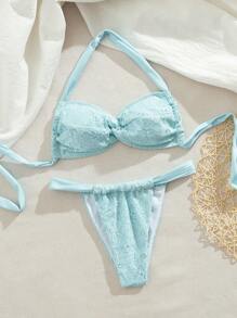 SHEIN Swim Elegant Minimalist Lace Crochet Fabric Solid Color Casual Outdoor Beach Resort Tie-Up Slim Fit Women Bikini 2 Pieces Swimwear, For Summer Vacation - Multicolor - View 8