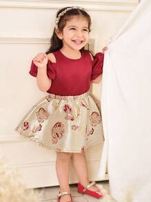 SHEIN 女婴优雅可爱泡泡袖缎面衬衫和锦缎中裙 2 件套 - 酒紅色 - 查看 4