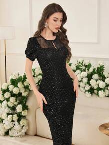 Modelyn Vestido mini casual de corte ajustado con panel de encaje y mangas cortas para mujer - Negro - Ver 8