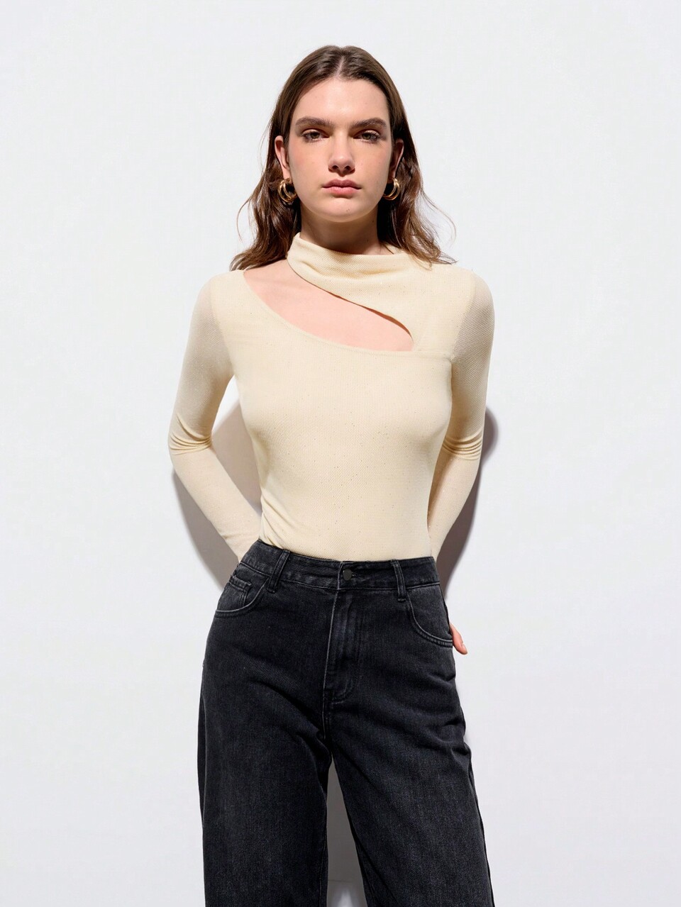 SHEIN Maija Beige Autumn Seksi Chic Night Out Women's Bodysuit,Apricot Neckline Hollowed Out Asymmetrical Waist Modern Elegant Casual Commuting Party Wedding