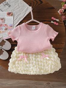 2 件装女宝宝韩版夏季休闲粉色罗纹上衣和米色泡泡裙套装 - 彩色 - 查看 4