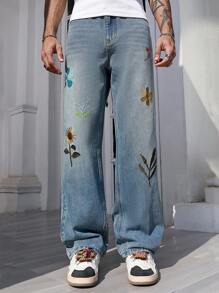 ROMWE MEN Street Life Jeans rectos de ajuste holgado con bordado para hombres - Azul - Ver 4