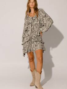 Aralina 休闲秋冬花卉 Y2K 褶边分层飘逸廓形波西米亚风格长袖迷你连衣裙早午餐教堂装 - 深灰色 - 查看 7