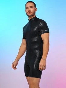 Men's Printed Snake Skin Tight One-Piece Shorts With Suspenders - Black - View 4