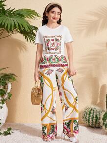 2pcs/Set Teen Girls Casual White Short Sleeve T-Shirt With Gold Retro Print + Loose Comfy Wide Leg Pants Suit - Multicolor - View 4
