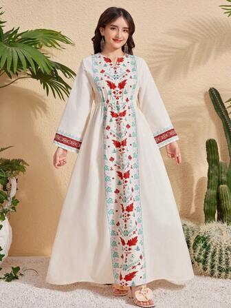 Teen Girls Elegant Retro Geometric Print Flare Sleeve Dress, Arab Style Long Sleeve Long Dress,Holiday,Summer,Travel