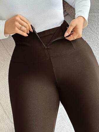 SHEIN Privé 大码女式百搭拉链高腰修身打底裤，百搭秋冬款式