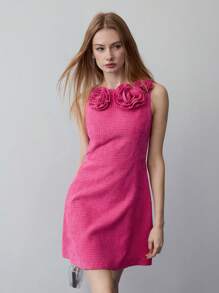 MOTF STUDIO 粗花呢立体花朵连衣裙 - 玫紅色 - 查看 3