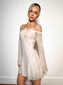 SHEIN ICON Sheer Mesh Off Shoulder Long Sleeve Dress - Apricot - View 3