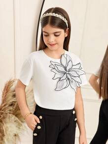 SHEIN Leap Crew تي شيرت كم قصير بياقة دائرية، أنيق للمراهقات، رمضان - وردي - مشاهدة 3