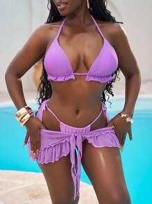 Slaydiva 3pcs Purple Sexy Vacation Women Outfit Bikini Set & Cover Up Skirt, For Summer Beach