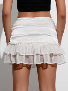 Chiquease Playful & Cute Ruffled Low Waist Flounce Hem A-Line Mini Skirt For Women - Apricot - View 2