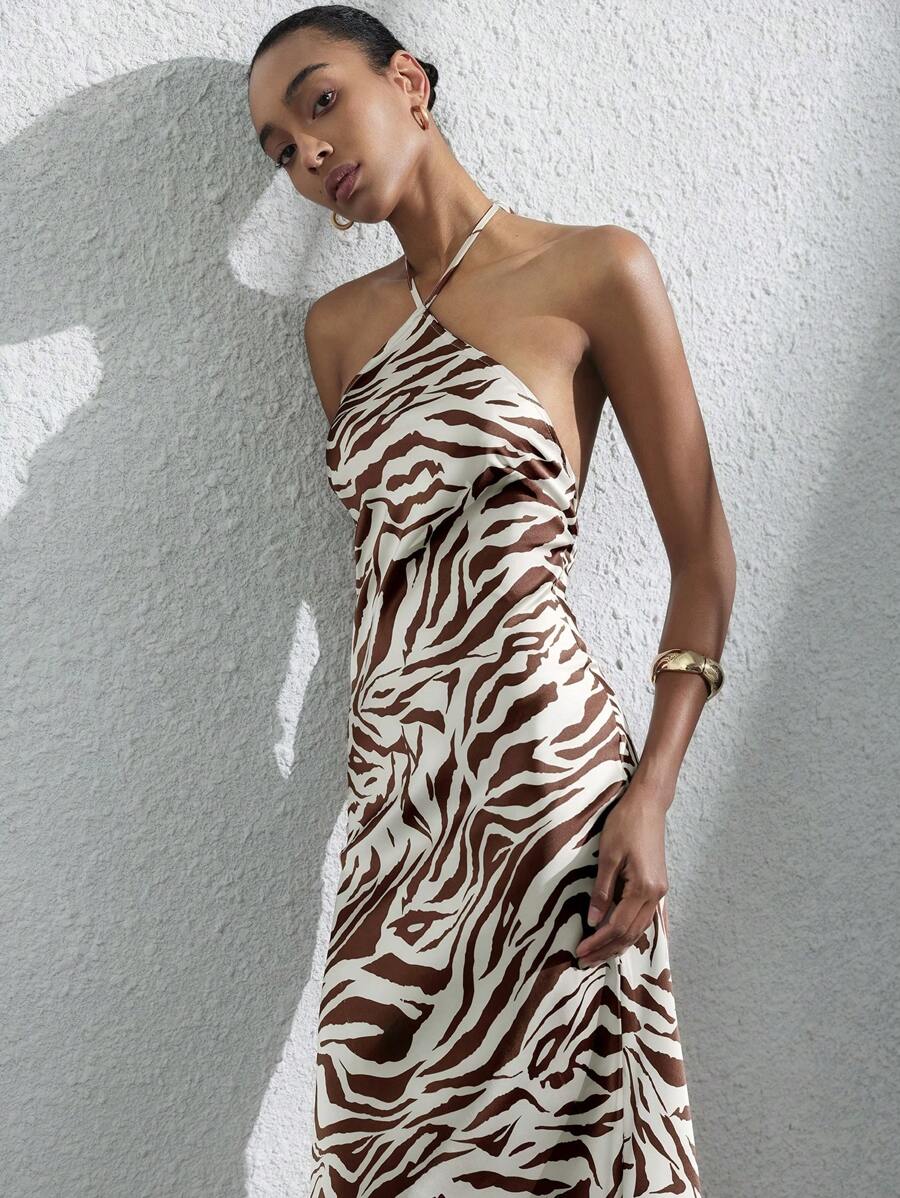 Frievida 女士优雅纹理斑马纹拼色束腰连衣裙（配围巾） - 彩色 - 查看 1