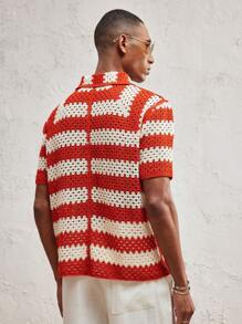 AKNOTIC Party Men Knitted Fitted Turndown Collar Short Sleeve Casual Cardigan Fall Sweater, Suitable For Daily Wear - Red and White - View 4