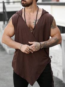 Manfinity RSRT 男士纯色无袖抽绳连帽衫，休闲简约风格 - 棕色 - 查看 4