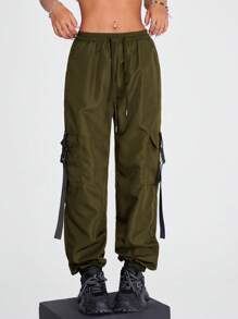 SHEIN EZwear Coolane Streetwear Blokecore Casual Flap Pocket Buckle Tape Cargo Pants With Chain