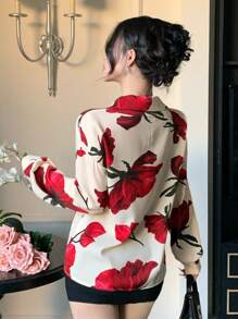 DAZY Women Floral Loose Long Sleeve Shirt, Minimalist Fashion Casual For Everyday Wear Fall - Multicolor - View 5