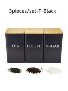 SHEIN Set de 3 botes cuadrados de metal con tapas de madera/hierro - Té, azúcar, café