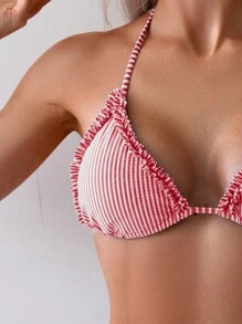 Swim Mod Women's Striped Nautical Style Splice Frill Trim Halter Tie Side Bikini Set, For Summer Beach Vacation - Red and White - View 3