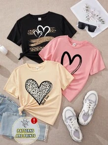 SHEIN Plusieurs t-shirts à motif de cœur de dessin animé simples et décontractés pour fille adolescentes, adaptés pour l'été