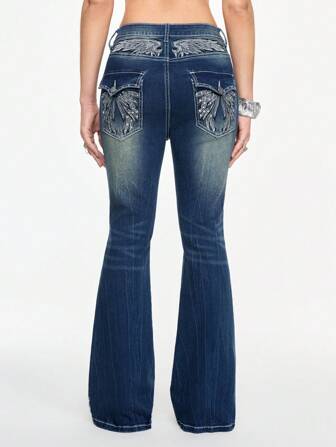 Grunge Punk Jeans acampanados de tiro bajo y recortados con diseño de bolsillo bordado con cruz y alas, estilo vintage Y2K para mujeres