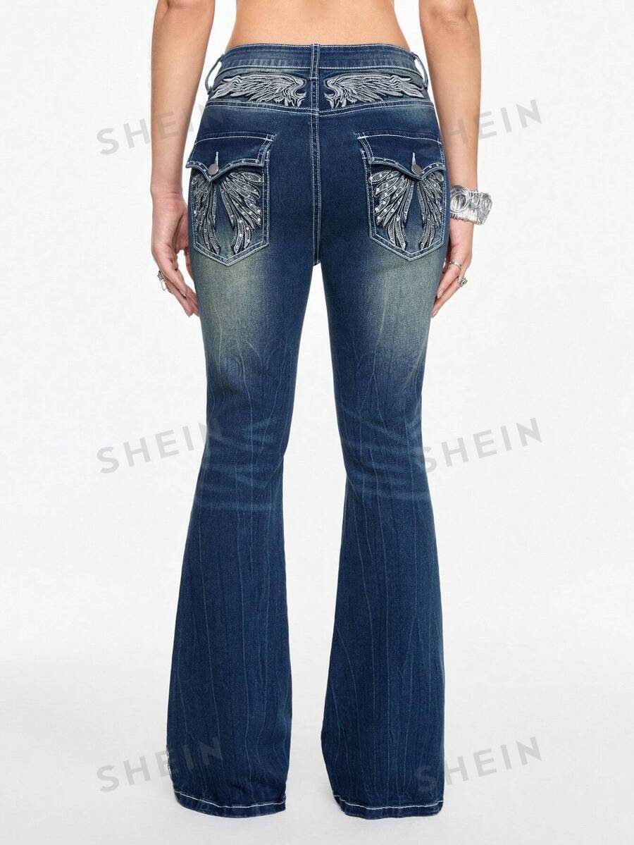 ROMWE Grunge Punk Jeans acampanados de tiro bajo y recortados con diseño de bolsillo bordado con cruz y alas, estilo vintage Y2K para mujeres