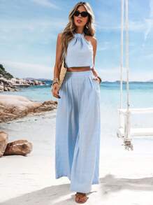 Vivid Eden 2pcs Women's Set: Solid Off Shoulder Crop Top & High Waist Loose Pants, Summer Clothes, Valentine's Day, Vacation Outfits Woman, Beach Outfits For Woman, Festival, Romantic, Bohemian, BOHO, Sweet, Rave Outfits Festival, Tropical Vacation Woman Clothes - Baby Blue - View 6