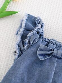 Cozy Pixies Vestido de mezclilla sin mangas con cuello cuadrado y volantes para bebé niña - Azul - Ver 7