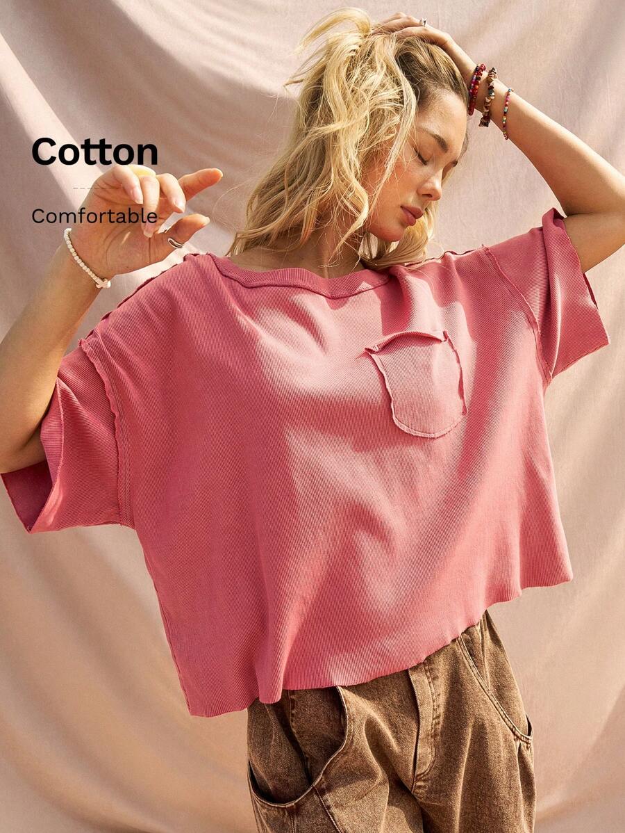 Bohemela Áo thun tay ngắn dáng rộng màu trơn thời trang nữ - Hồng - Xem 1