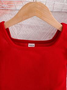 SHEIN Bộ đồ liền thân tay bồng cổ tròn đan màu trơn cho bé gái - Đỏ - Xem 3