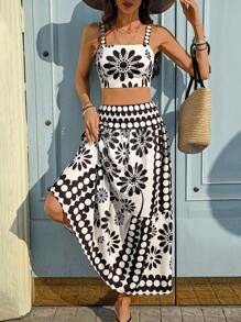 Breezaya Conjunto casual de vacaciones de 2 piezas con top de tirantes elásticos sin mangas y falda larga, con cremallera lateral invisible - Multicolor - Ver 6