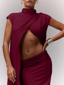 MUSERA High Neck Longline Split Front Top Vacation Fall Autumn Spring Summer Holiday - Burgundy - View 5